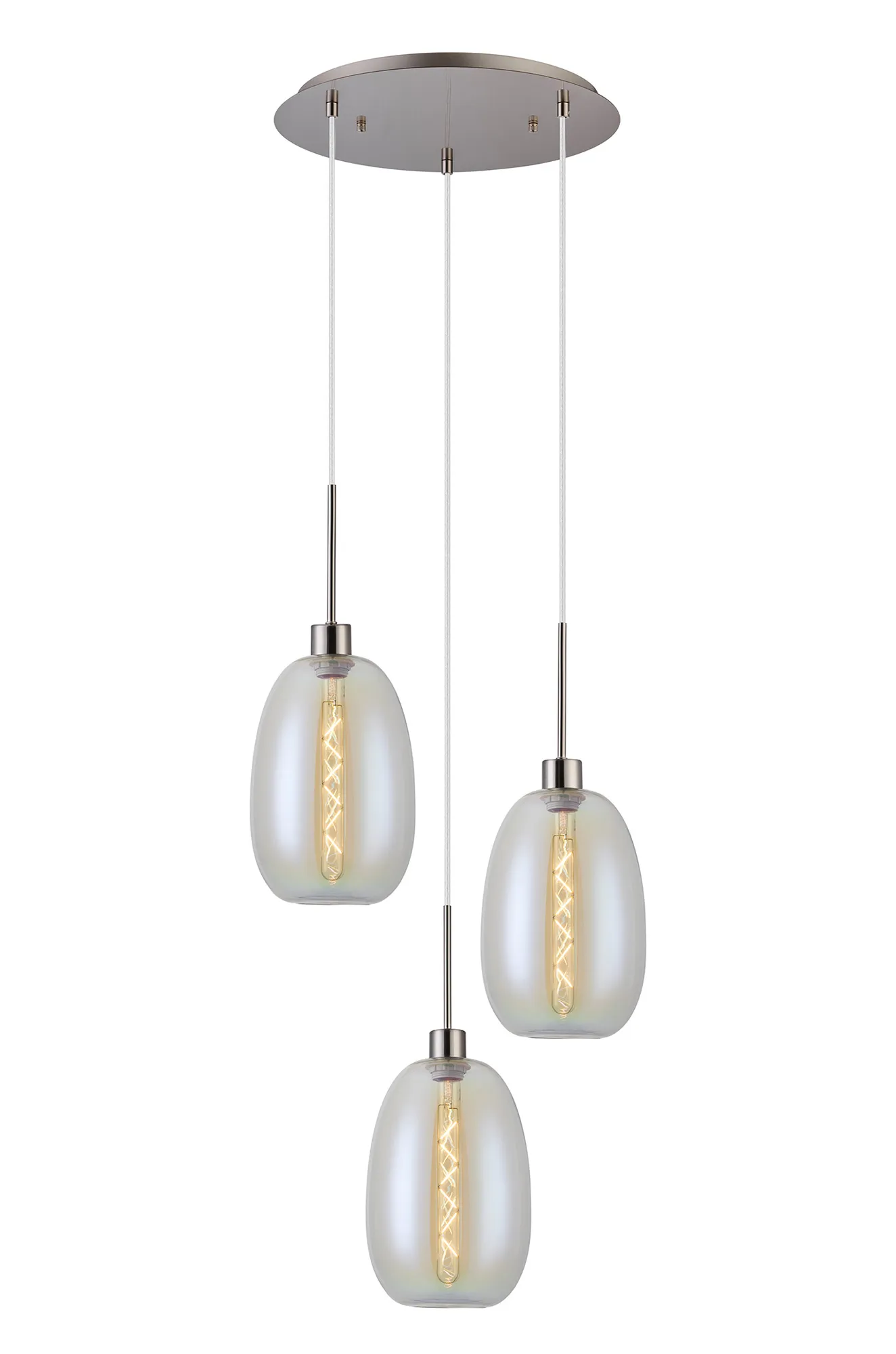 DK1362  Lori cm Round Pendant, 3 Light Adjustable E27, Satin Nickel/Iridescent Slim Curved Trapezium Shades